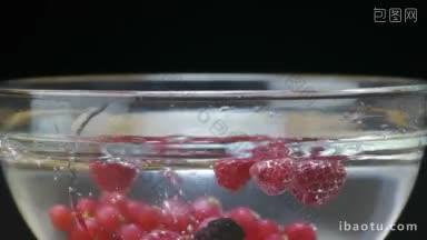 特写黑莓和树莓被洗在一碗水在黑色背景